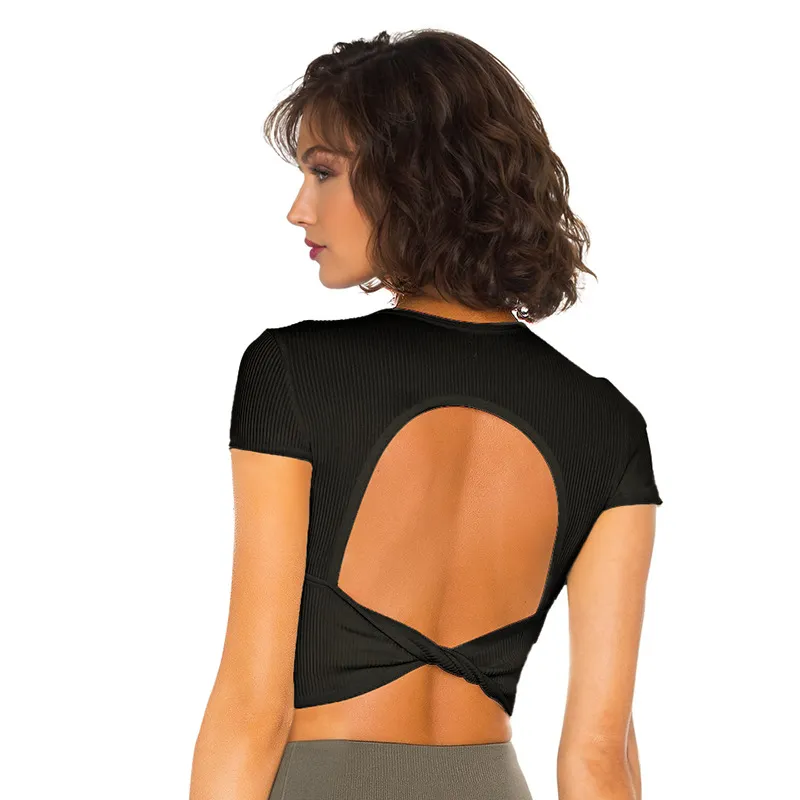 Short Sleeve Ribbed Shirt with pads Active Wear Backless Top