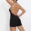 Running Athletic Jumpsuit Halter Neck Backless Body Shorts with Pockets Skims One Piece Jumpsuit