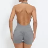 Running Athletic Jumpsuit Halter Neck Backless Body Shorts with Pockets Skims One Piece Jumpsuit