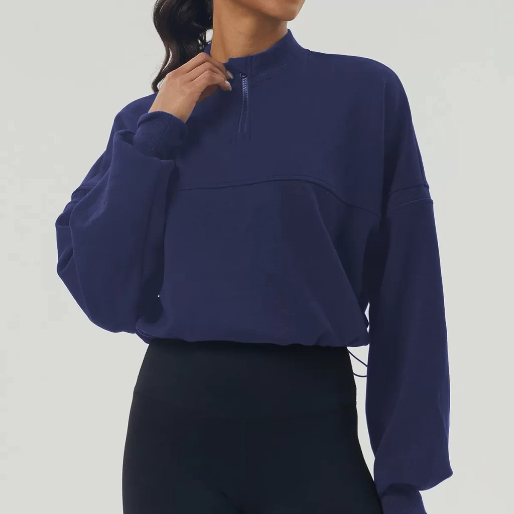 Custom Women Casual Half Zip Pullover Cropped Top with Drawstring