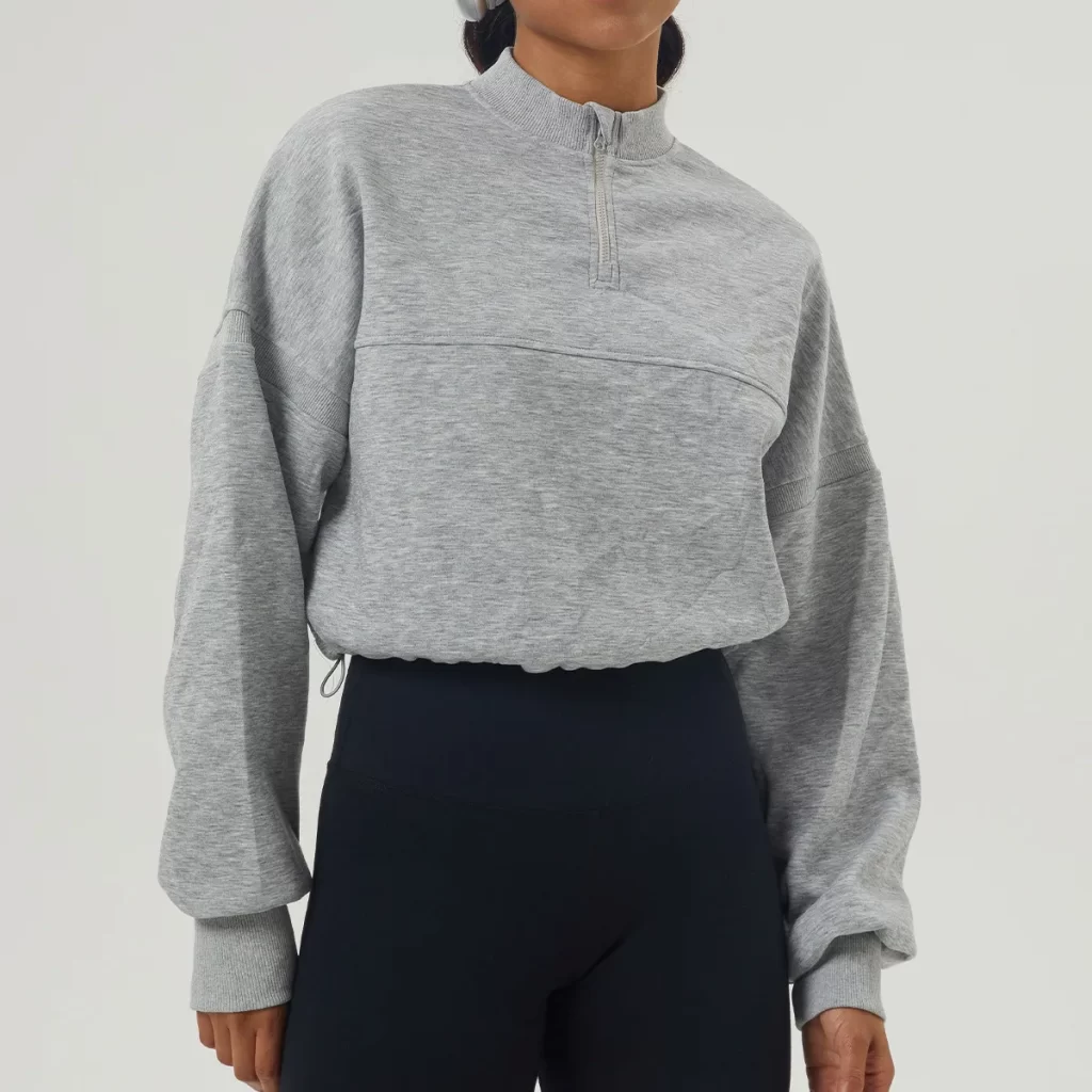 Custom Women Casual Half Zip Pullover Cropped Top with Drawstring