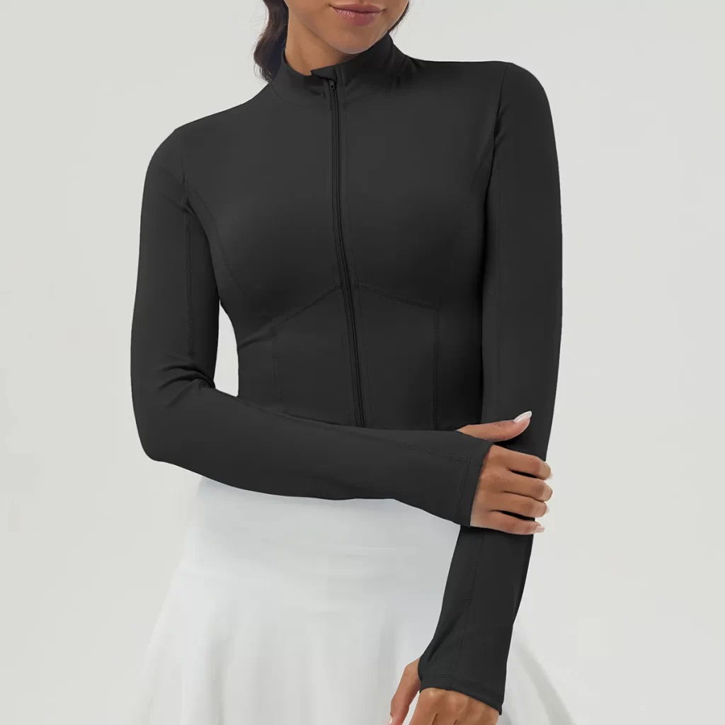 Women's Cropped Running Workout Jackets Zip Slim Fit Athletic Tops with Thumb Holes