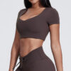 Elite Collection-Crew Neck Short Sleeve Crop Tops Yoga Workout Padded Slim Fit Shirts Basic Tee