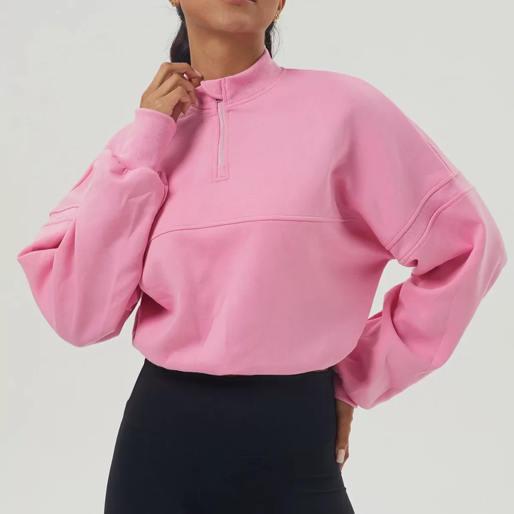 Custom Women Casual Half Zip Pullover Cropped Top with Drawstring