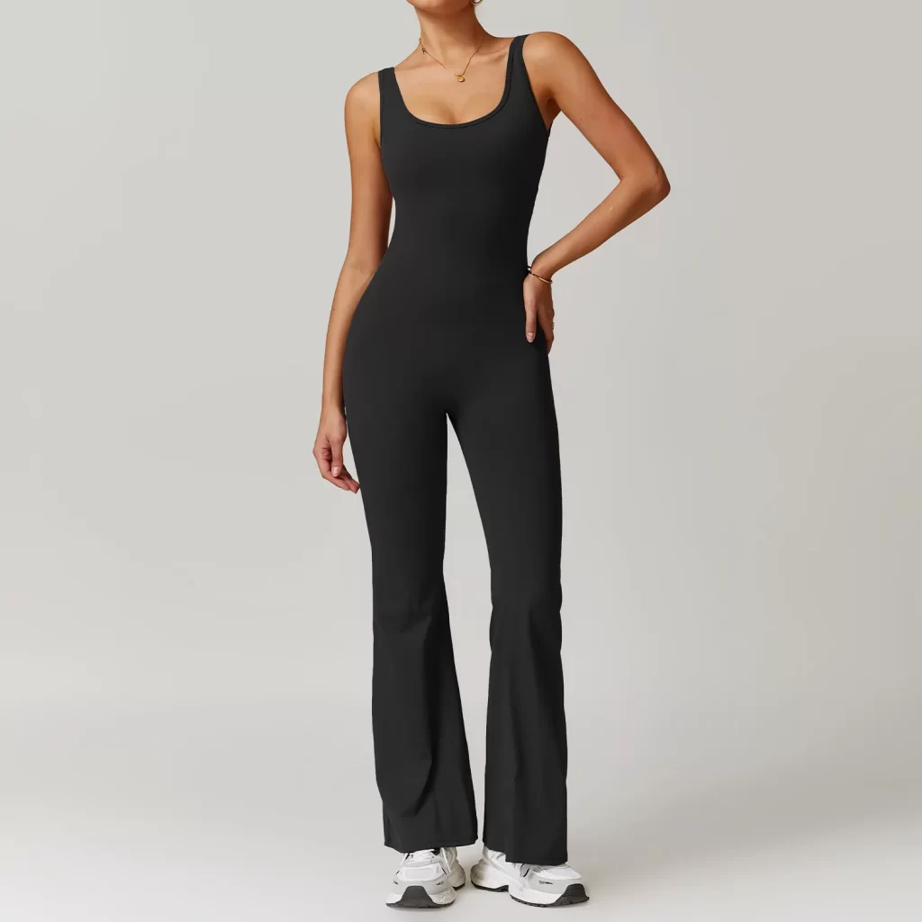 Yoga Apparel Manufacturers Women Gym Workout Backless Flared Jumpsuits with Pockets
