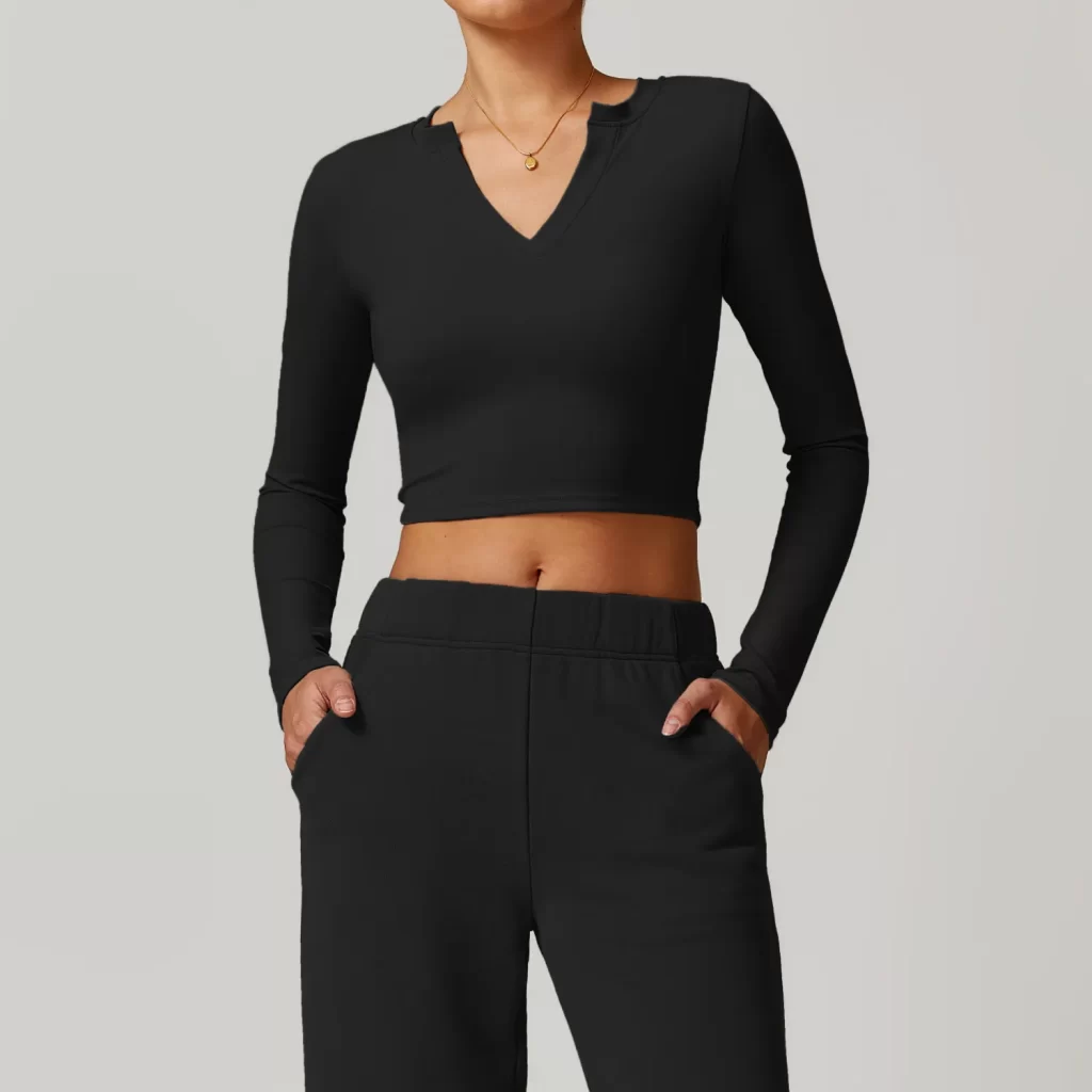 V Neck Long Sleeve Shirts for Women Yoga Crop Top