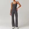 Yoga Apparel Manufacturers Women Gym Workout Backless Flared Jumpsuits with Pockets