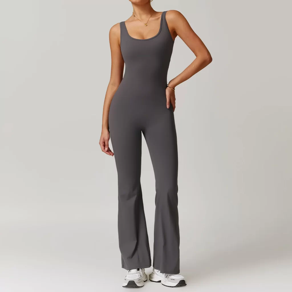 Yoga Apparel Manufacturers Women Gym Workout Backless Flared Jumpsuits with Pockets