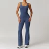 Yoga Apparel Manufacturers Women Gym Workout Backless Flared Jumpsuits with Pockets