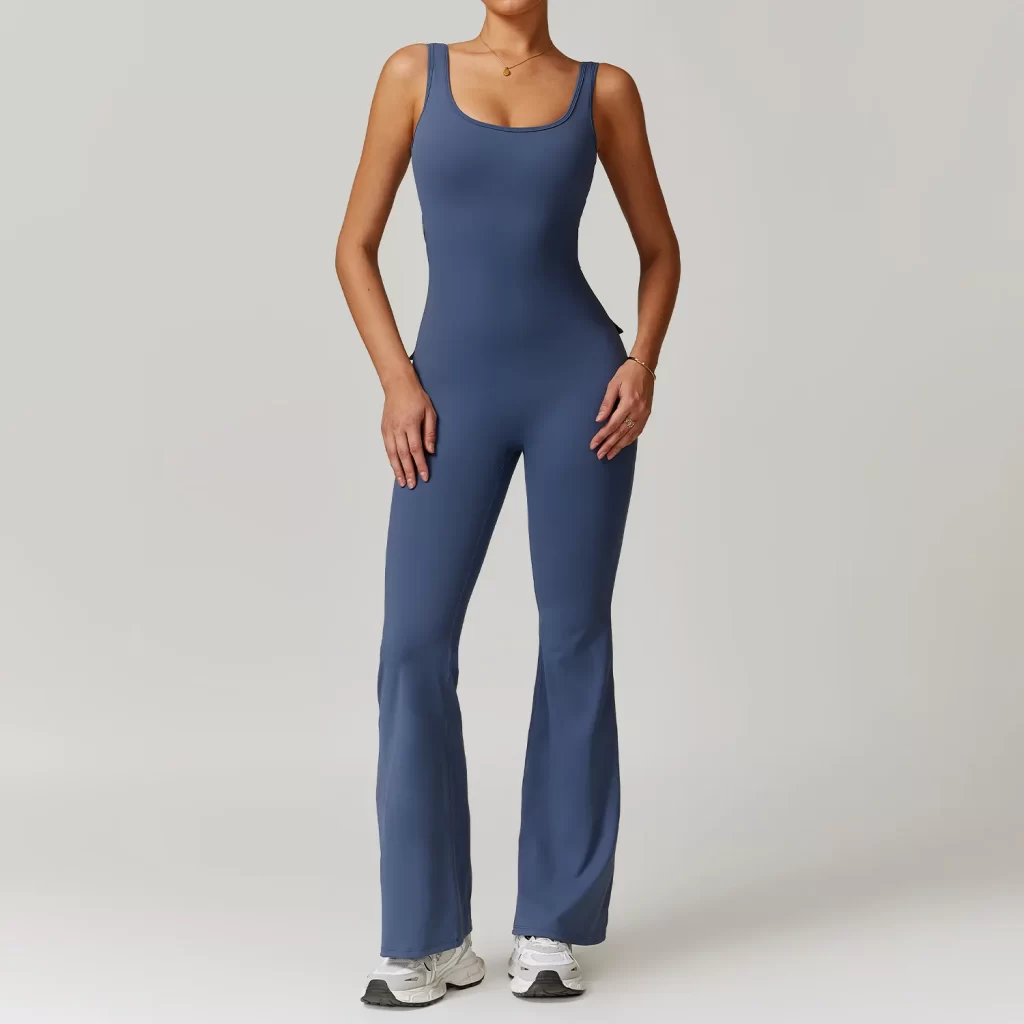 Yoga Apparel Manufacturers Women Gym Workout Backless Flared Jumpsuits with Pockets