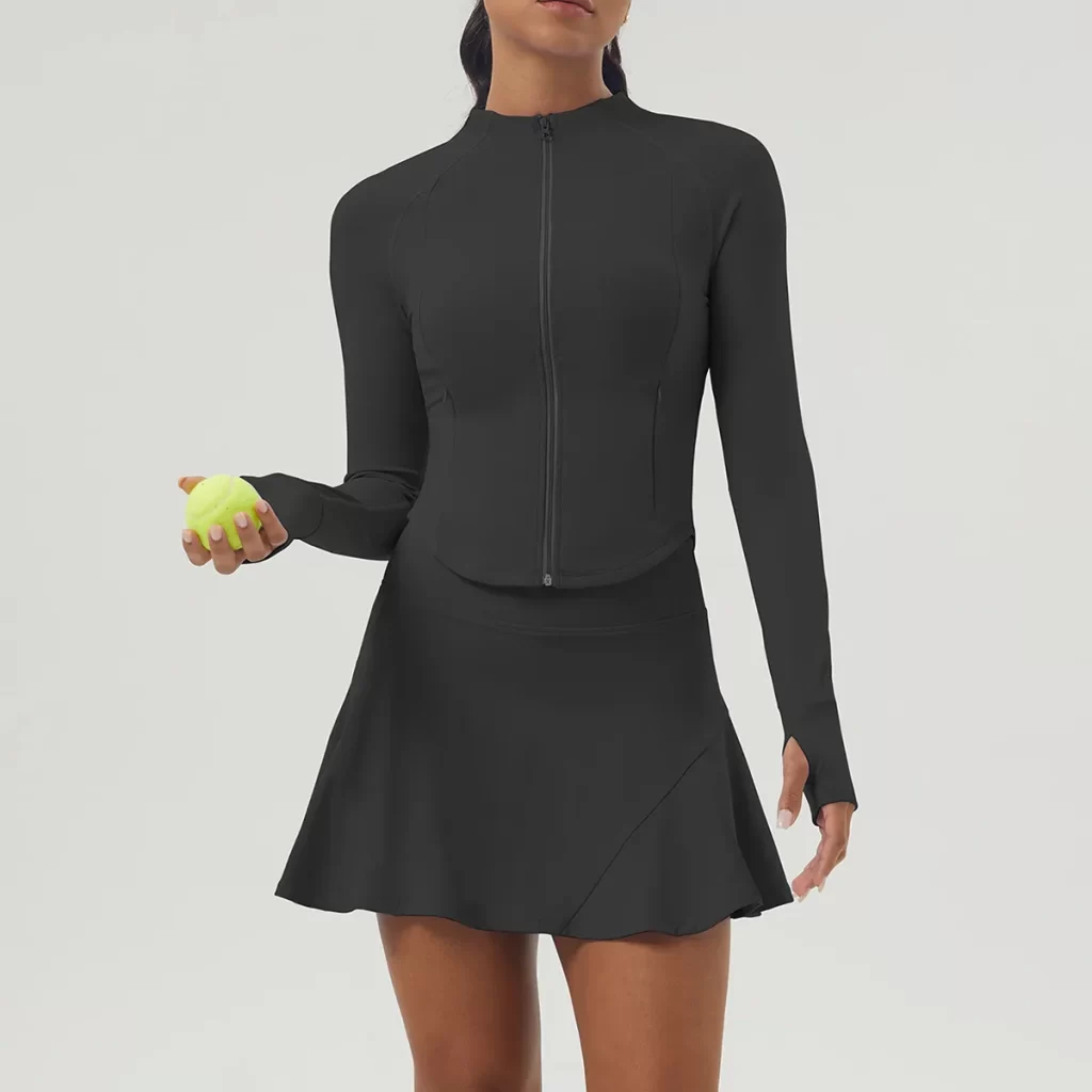 Workout Long Sleeve Zip Up Sweatshirt Tennis Skirts Set
