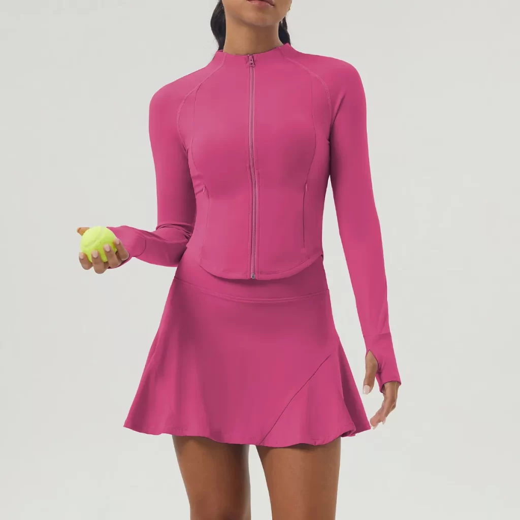 Workout Long Sleeve Zip Up Sweatshirt Tennis Skirts Set