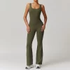 Women Gym Workout Backless Flared Jumpsuits with Pockets