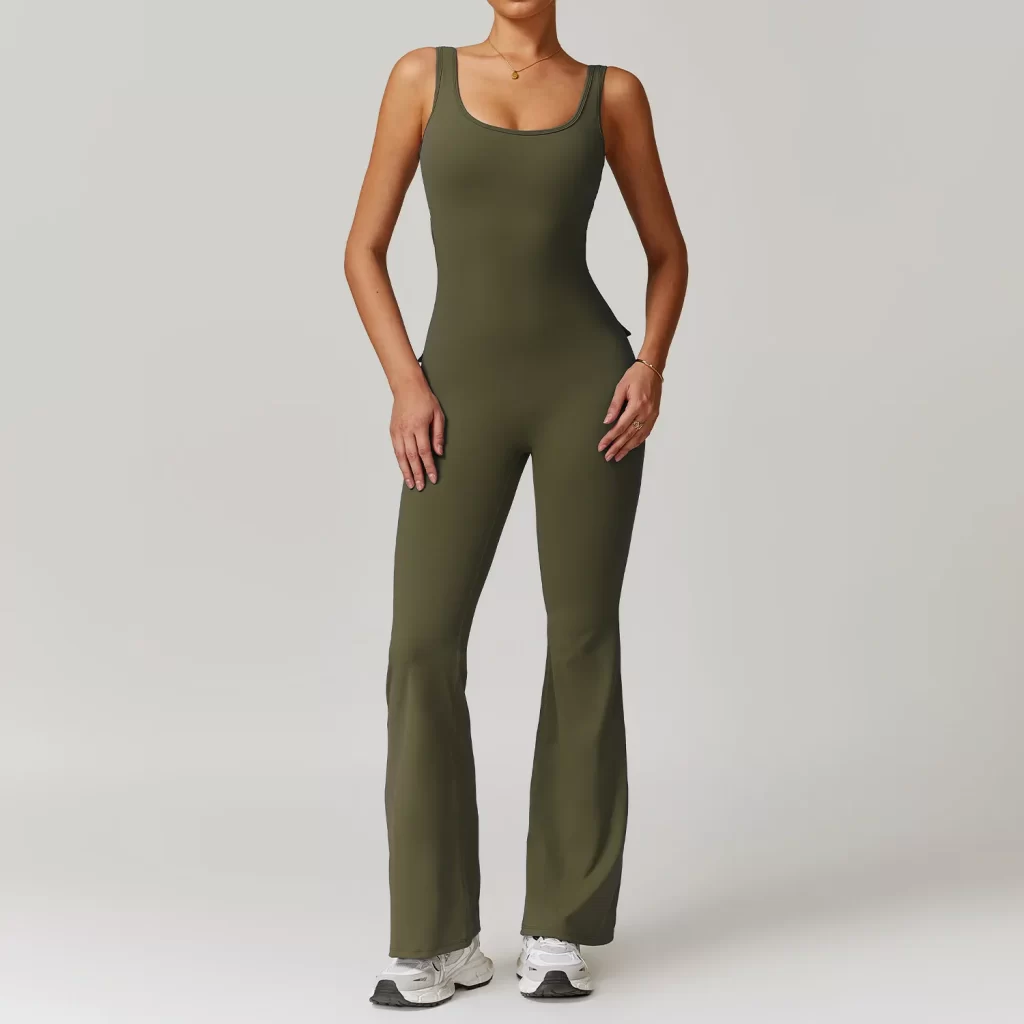 Women Gym Workout Backless Flared Jumpsuits with Pockets