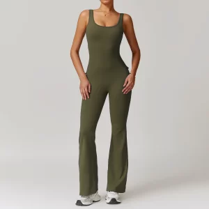 Women Gym Workout Backless Flared Jumpsuits with Pockets
