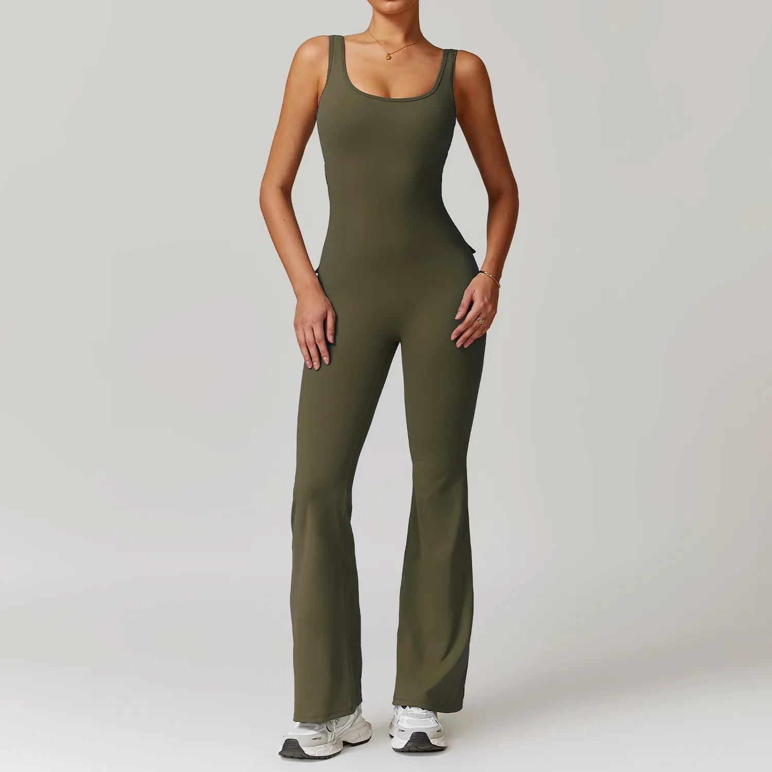 Women Gym Workout Backless Flared Jumpsuits with Pockets