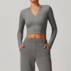 V Neck Long Sleeve Shirts for Women Yoga Crop Top custom gym apparel private label clothes