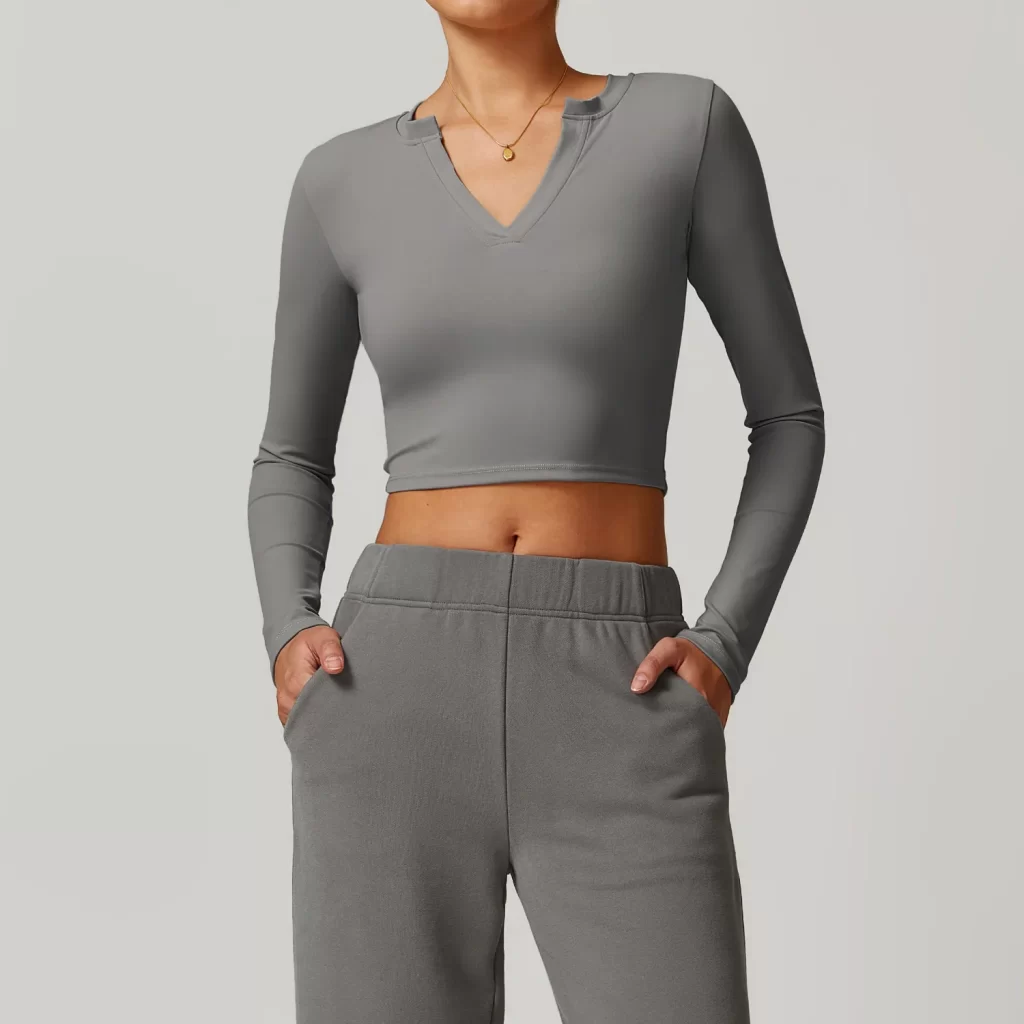 V Neck Long Sleeve Shirts for Women Yoga Crop Top custom gym apparel private label clothes