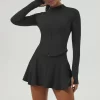 Workout Long Sleeve Zip Up Sweatshirt Tennis Skirts Set