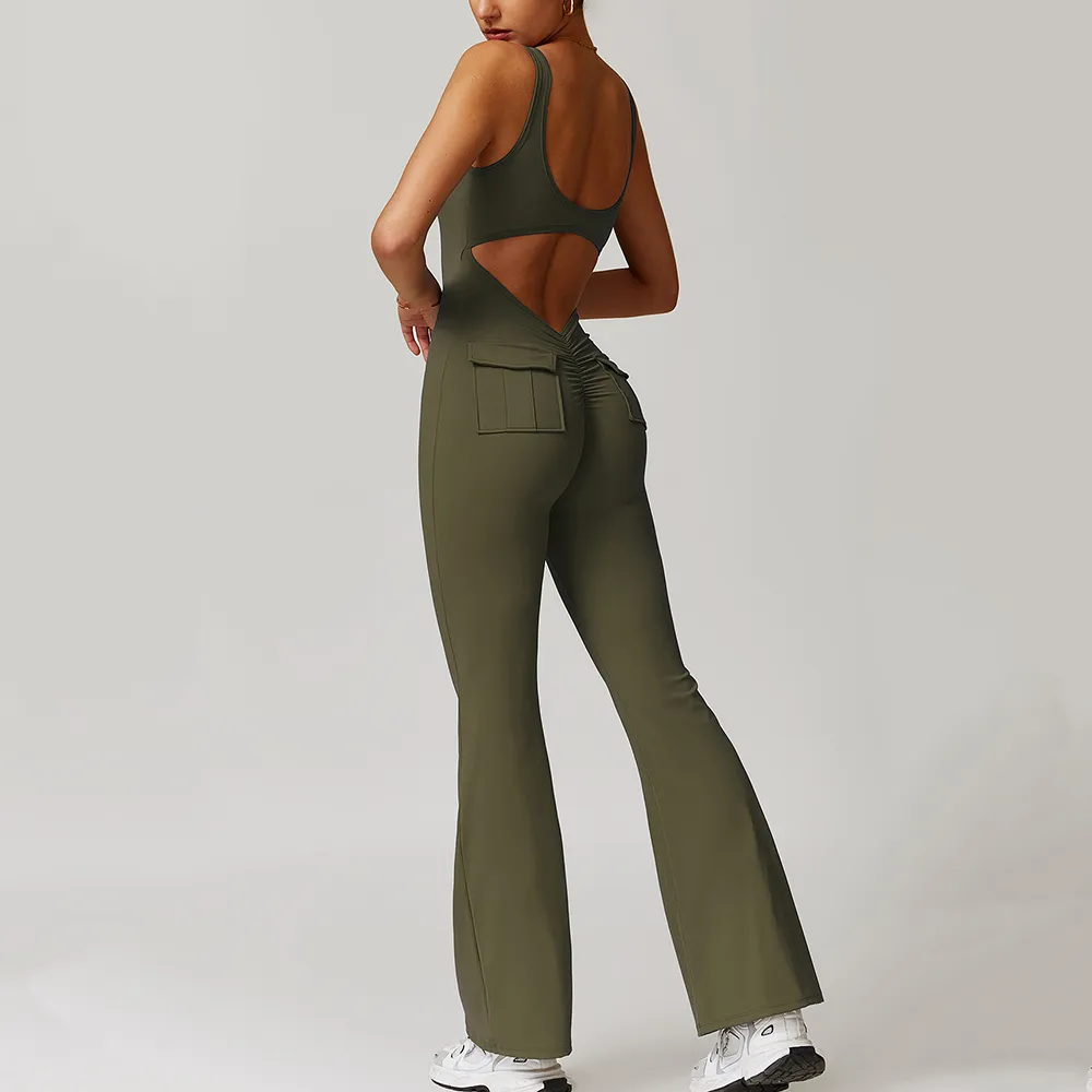 Yoga Apparel Manufacturers Women Gym Workout Backless Flared Jumpsuits with Pockets