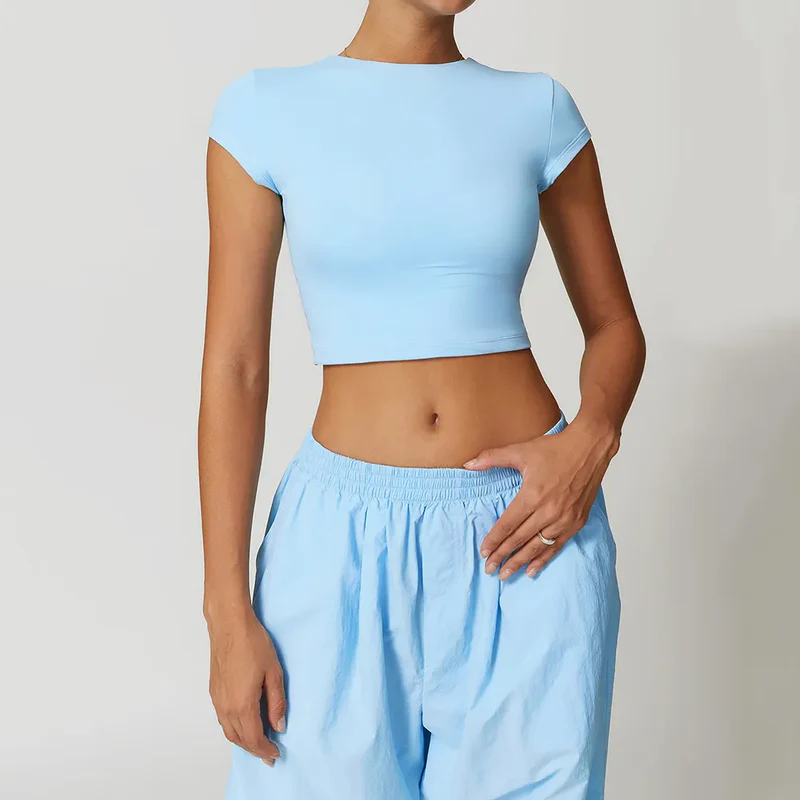 Womens Short Sleeve Crop Top Workout Yoga Cute Basic Tee
