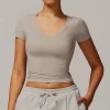 Womens V-Neck Short Sleeve Crop Top Yoga Basic T Shirts