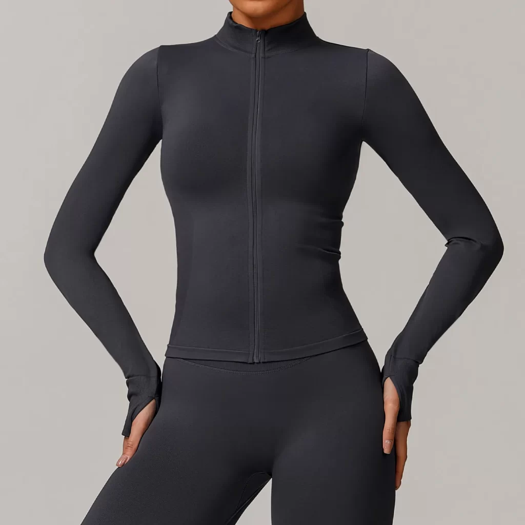 Seamless Wholesale Clothing Cropped Zip Up Workout Jacket with Thumb Holes Women's