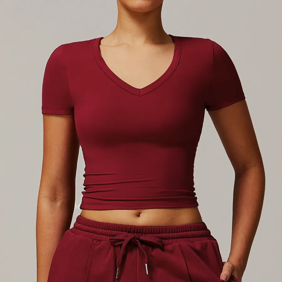 Womens V-Neck Short Sleeve Crop Top Yoga Basic T Shirts