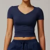 Womens V-Neck Short Sleeve Crop Top Yoga Basic T Shirts