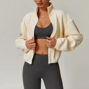 Women Polar Fleece Cropped Jacket Stand Collar Winter Coat