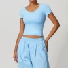 Womens V-Neck Short Sleeve Crop Top Yoga Basic T Shirts
