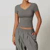 Womens V-Neck Short Sleeve Crop Top Yoga Basic T Shirts Wholesale Women's Workout Clothing