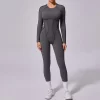 One Piece Workout Suit Open Back Long Sleeve Jumpsuit