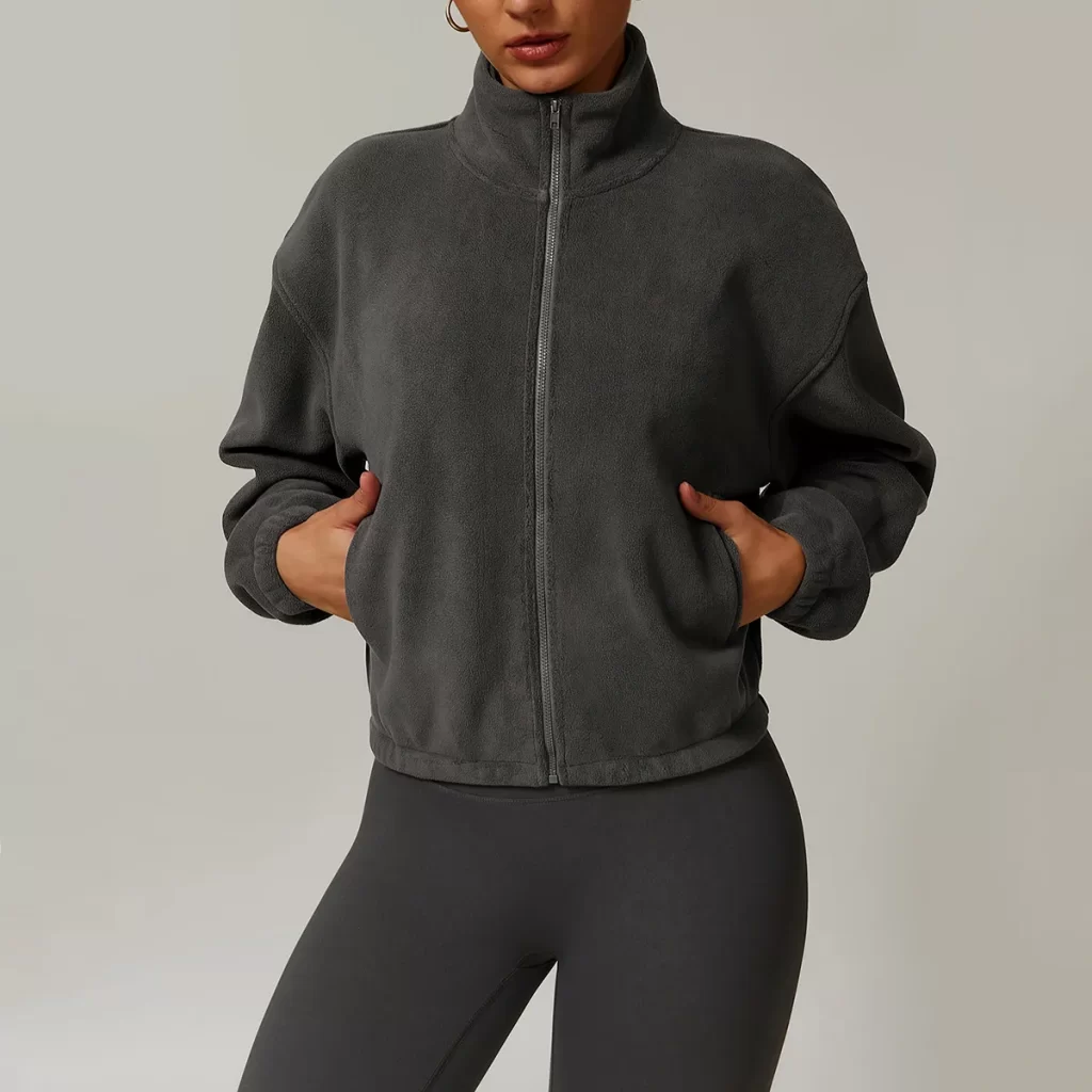 Women Polar Fleece Cropped Jacket Stand Collar Winter Coat