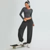 Yoga Long Sleeve Crop Top Womens Crew Neck T Shirts