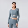 Women Yoga Crop Tops Long Sleeve Stretch Athletic Shirts