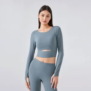 Women Yoga Crop Tops Long Sleeve Stretch Athletic Shirts
