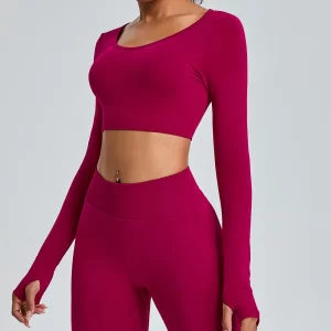 Long Sleeve Yoga Outfits Gym Clothes Seamless Crop Tops