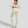 Custom Long Sleeve Workout Gym Wear with Open Back activewear wholesale apparel athletic clothing manufacturers usa hot yoga sets