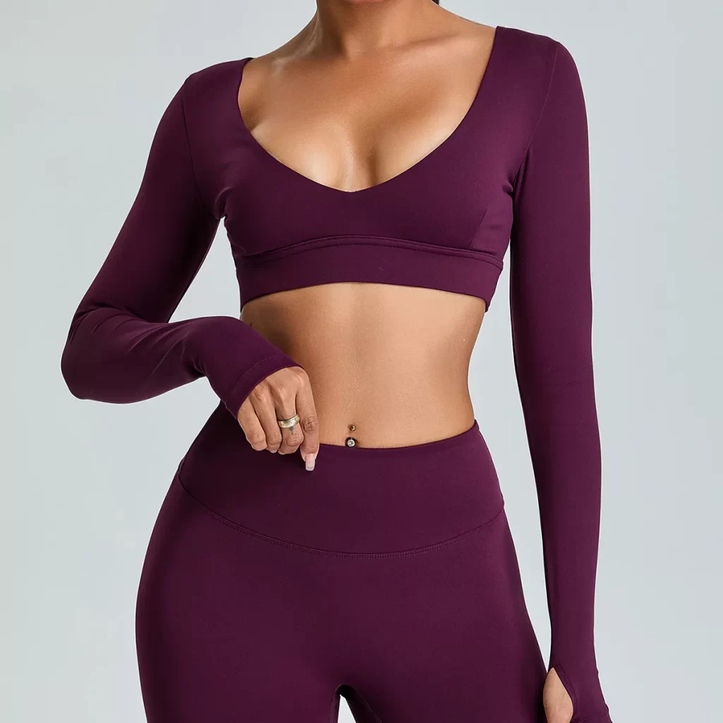 Long Sleeve Workout Shirts Cropped Tops with Built in Bra