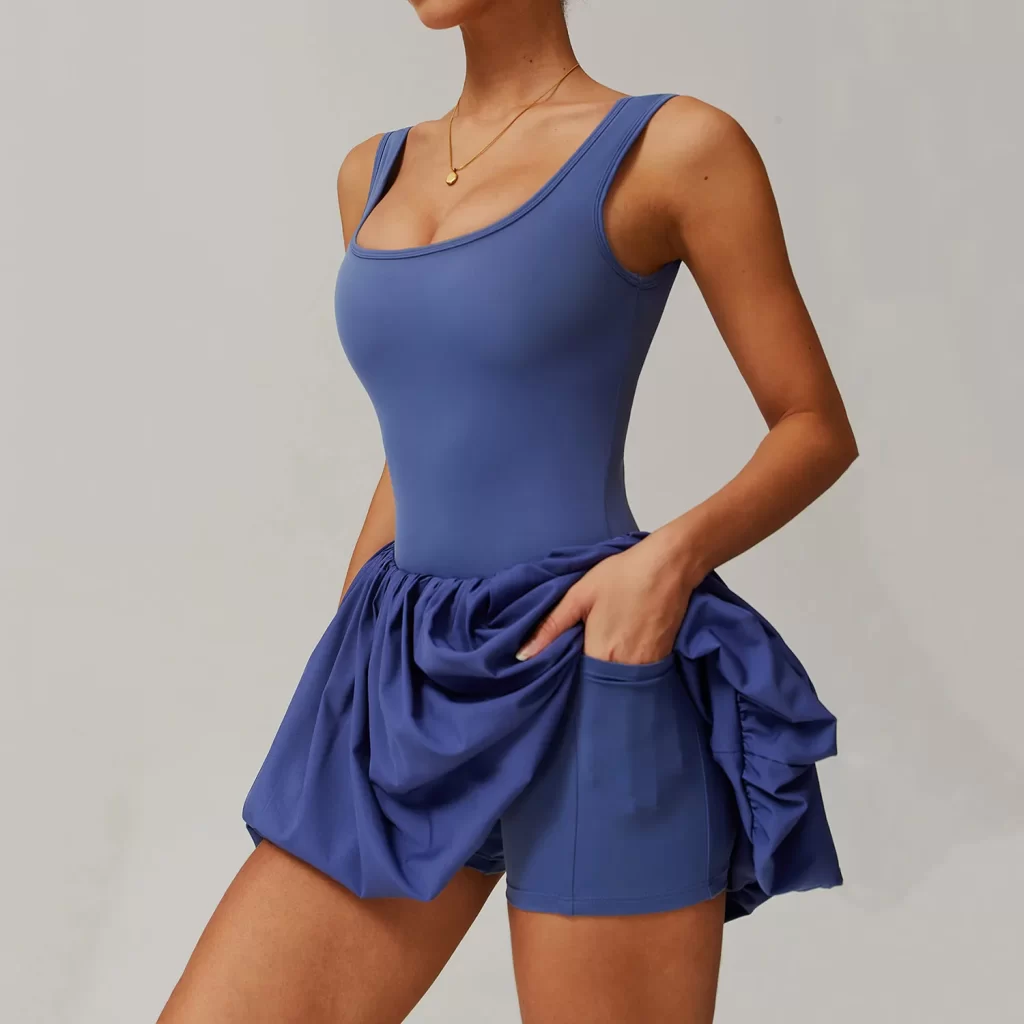 Wholesale Workout Jumpsuit Puffy Flower Bud Tennis Skirt One Piece Workout Bodysuit Exercise Jumpsuit