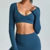 Long Sleeve Workout Shirts Cropped Tops with Built in Bra