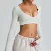 Long Sleeve Workout Shirts Cropped Tops with Built in Bra