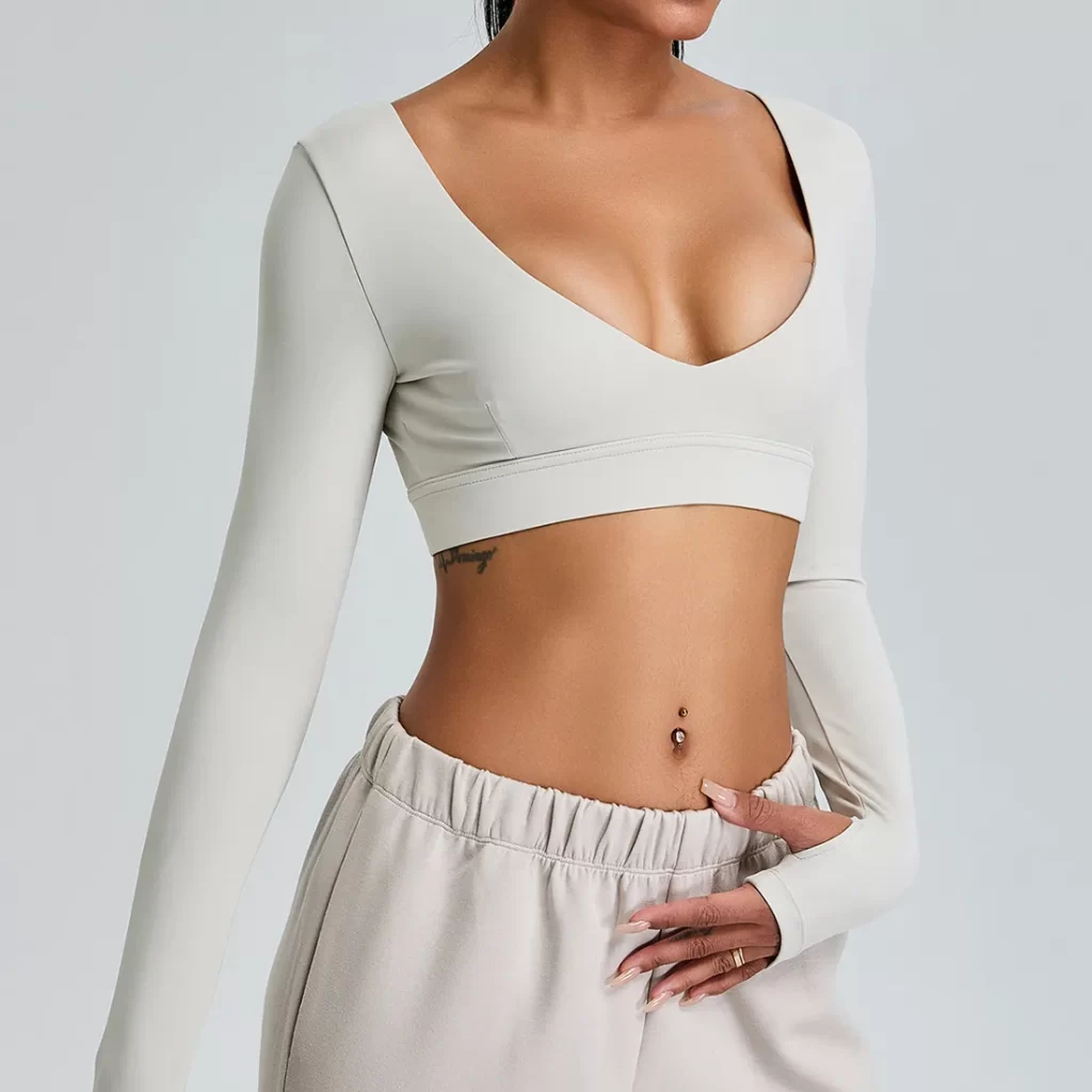 Long Sleeve Workout Shirts Cropped Tops with Built in Bra