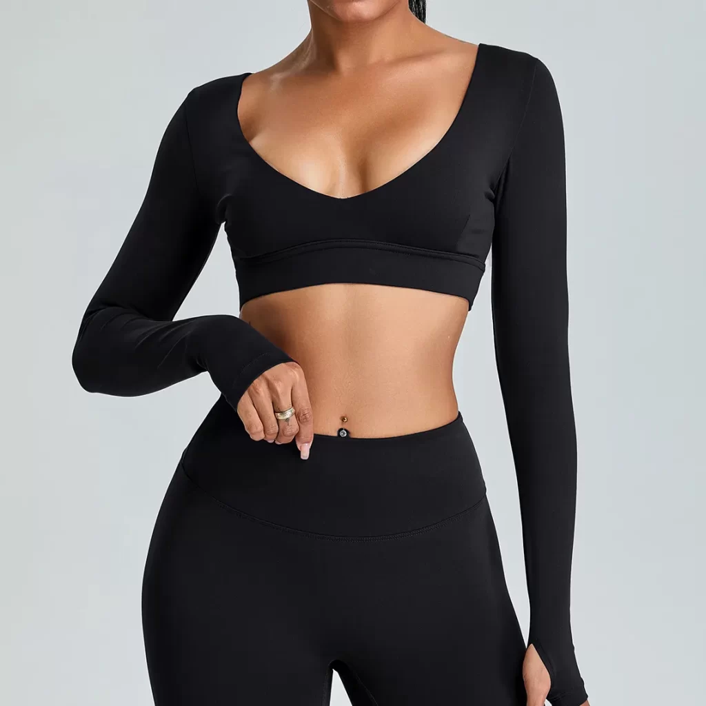 Long Sleeve Workout Shirts Cropped Tops with Built in Bra