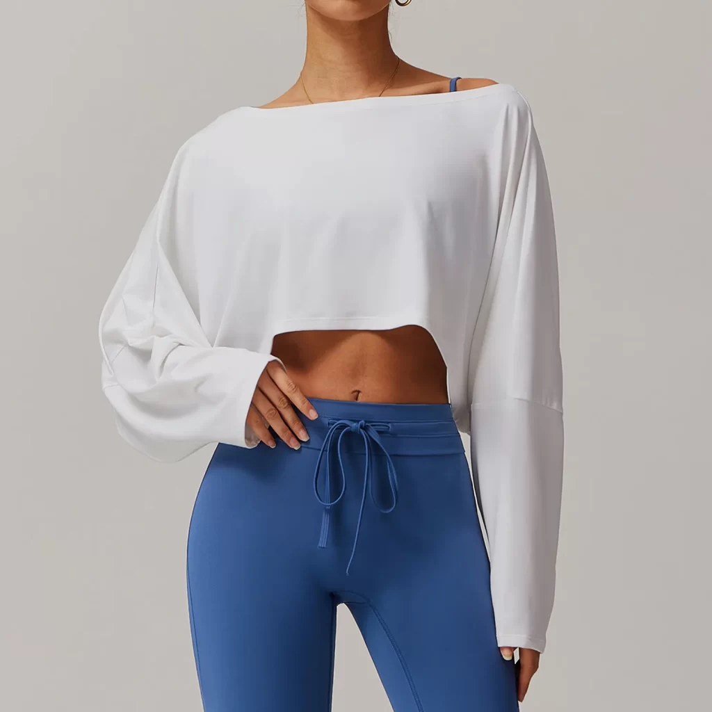 Women's Off Shoulder Long Sleeve Wholesale Casual Loose Crop Tops athletic apparel manufacturers bulk long sleeve tee shirts custom workout shirt