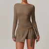 Women's Athletic Jumpsuit Long Sleeve Workout Dress Built in Shorts long sleeve athletic jumpsuit one piece exercise bodysuit