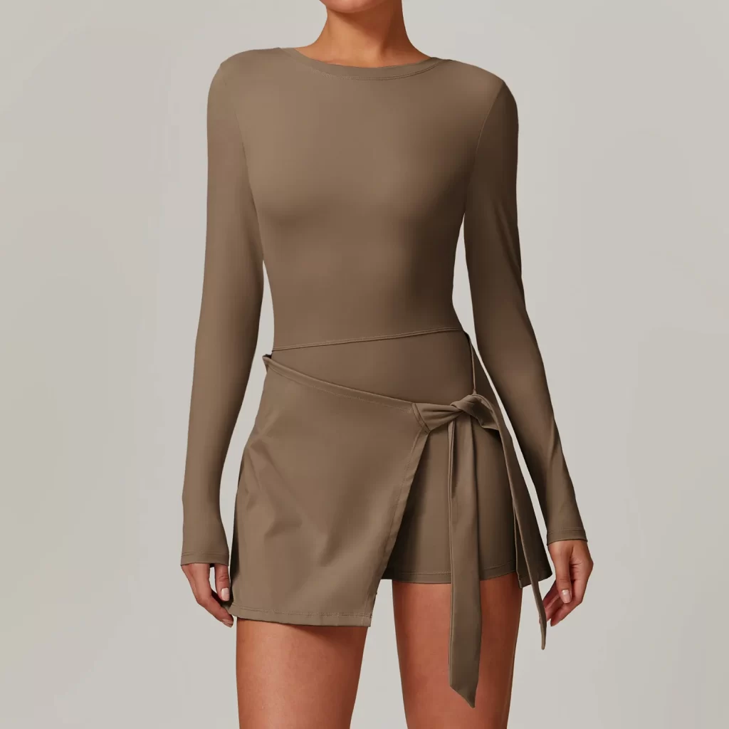 Women's Athletic Jumpsuit Long Sleeve Workout Dress Built in Shorts long sleeve athletic jumpsuit one piece exercise bodysuit