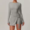 Women's Athletic Jumpsuit Long Sleeve Workout Dress Built in Shorts long sleeve athletic jumpsuit one piece exercise bodysuit