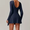 Women's Athletic Jumpsuit Long Sleeve Workout Dress Built in Shorts long sleeve athletic jumpsuit one piece exercise bodysuit